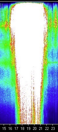 Schumann Resonance spectrogram showing a washout: a solid white column saturating the entire 0 to 40 Hz frequency range for several hours, caused by a thunderstorm directly over the Tomsk monitoring station. The horizontal resonance bands visible elsewhere in the image disappear inside the white region.